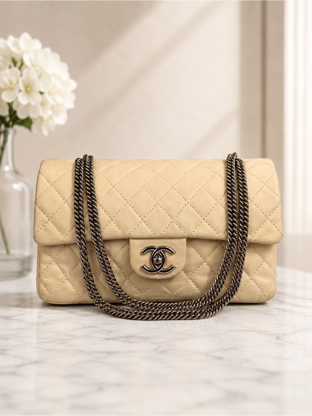 Authentic CHANEL Beige Quilted Calfskin Double Flap Bag Ruthenium Hardware